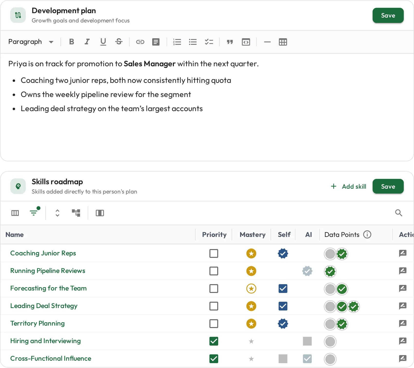 A staff member's career plan with target role and career-plan skills showing mastery levels