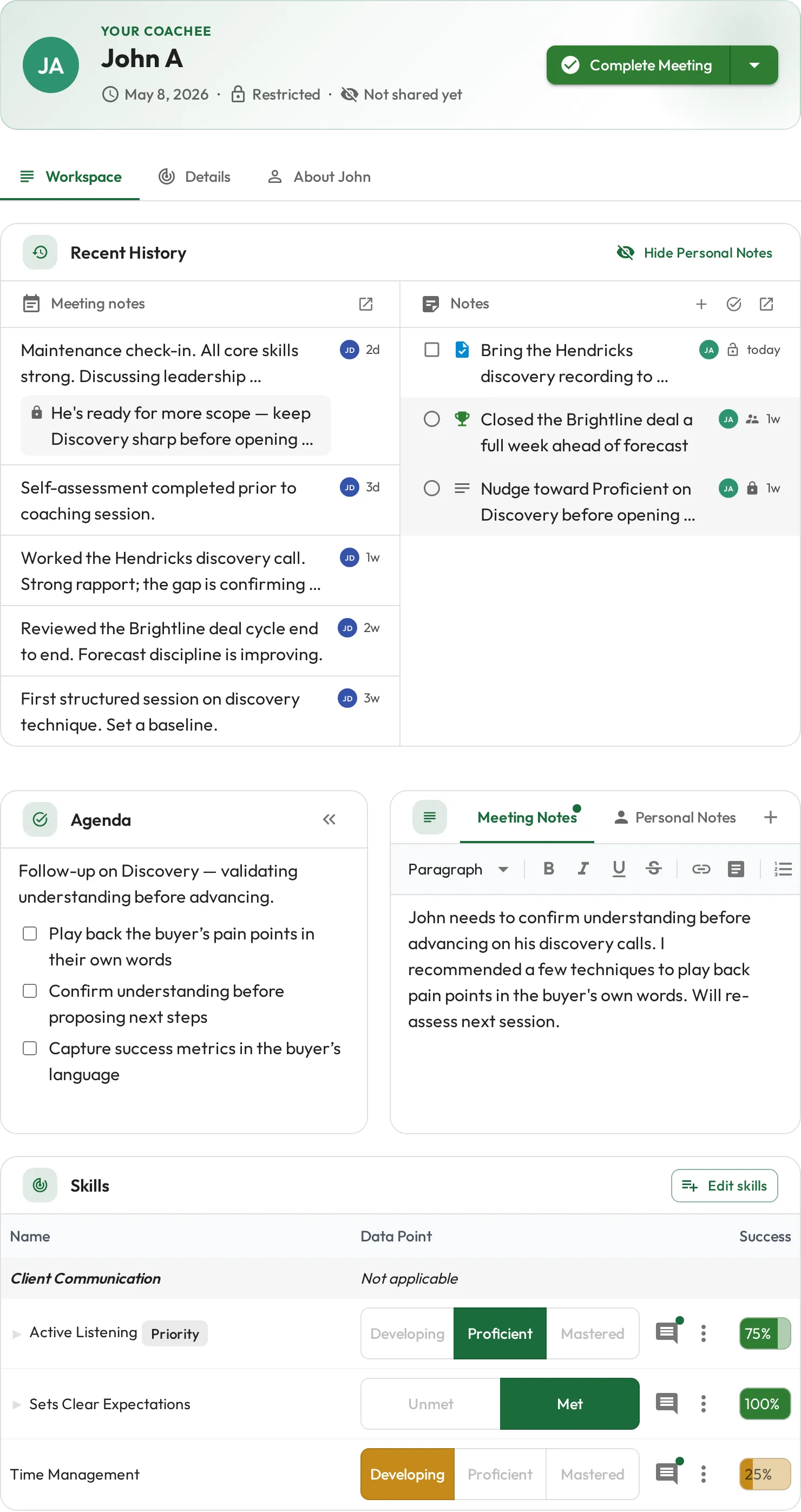 Coaching session with agenda, meeting notes, and consolidated previous notes and history