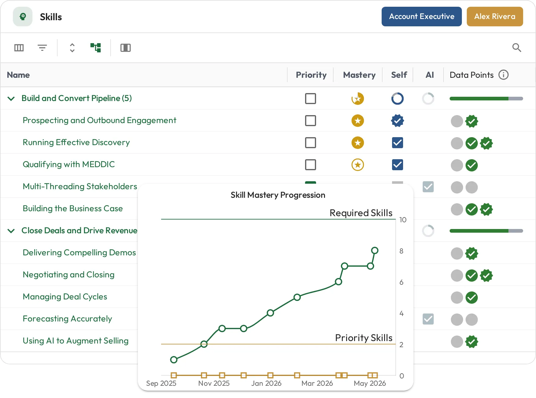 Skills assignments with mastery levels and a skill mastery progression chart over time